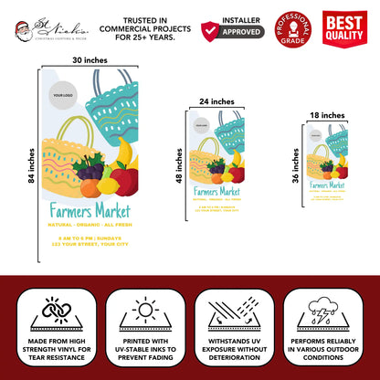 Farmers Market grocery bag pole banner with size dimensions and professional-grade vinyl construction