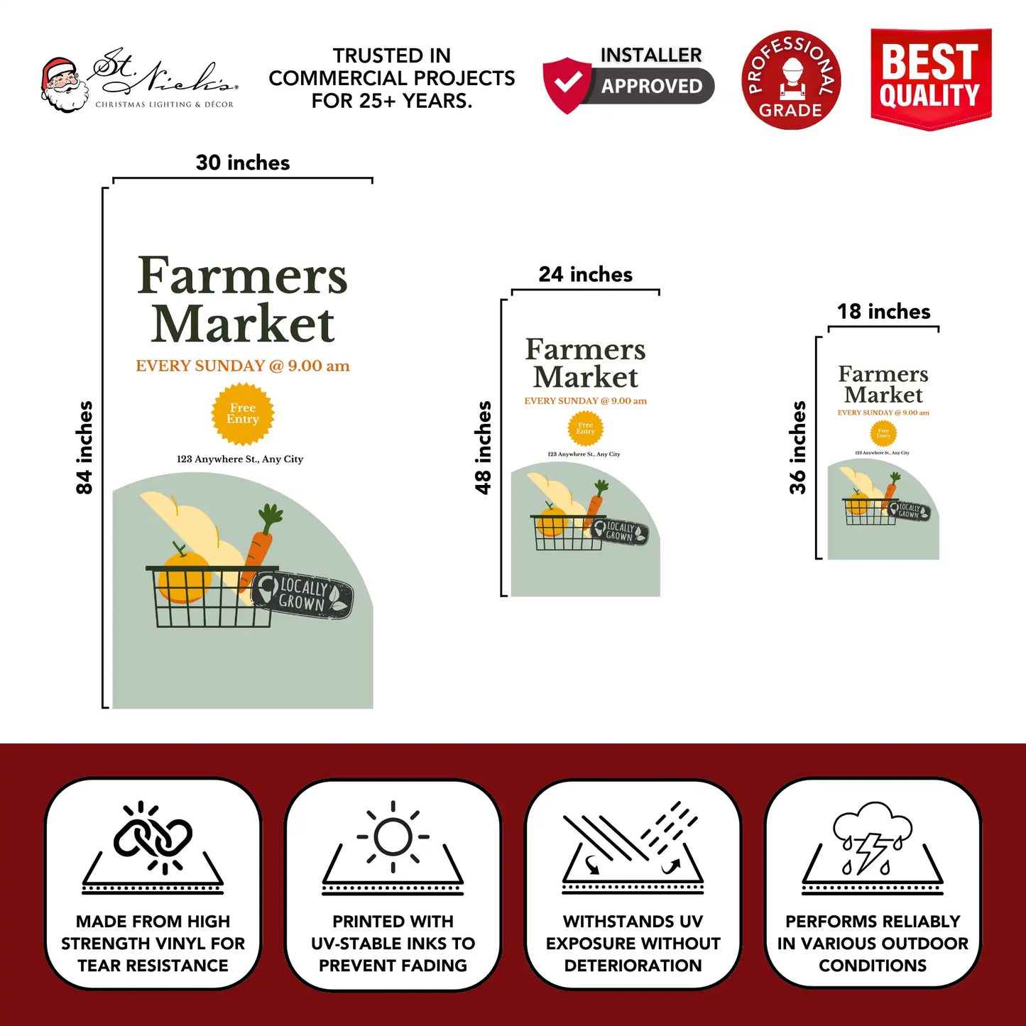 Farmers Market pole banner with size dimensions and durable, professional-grade vinyl construction