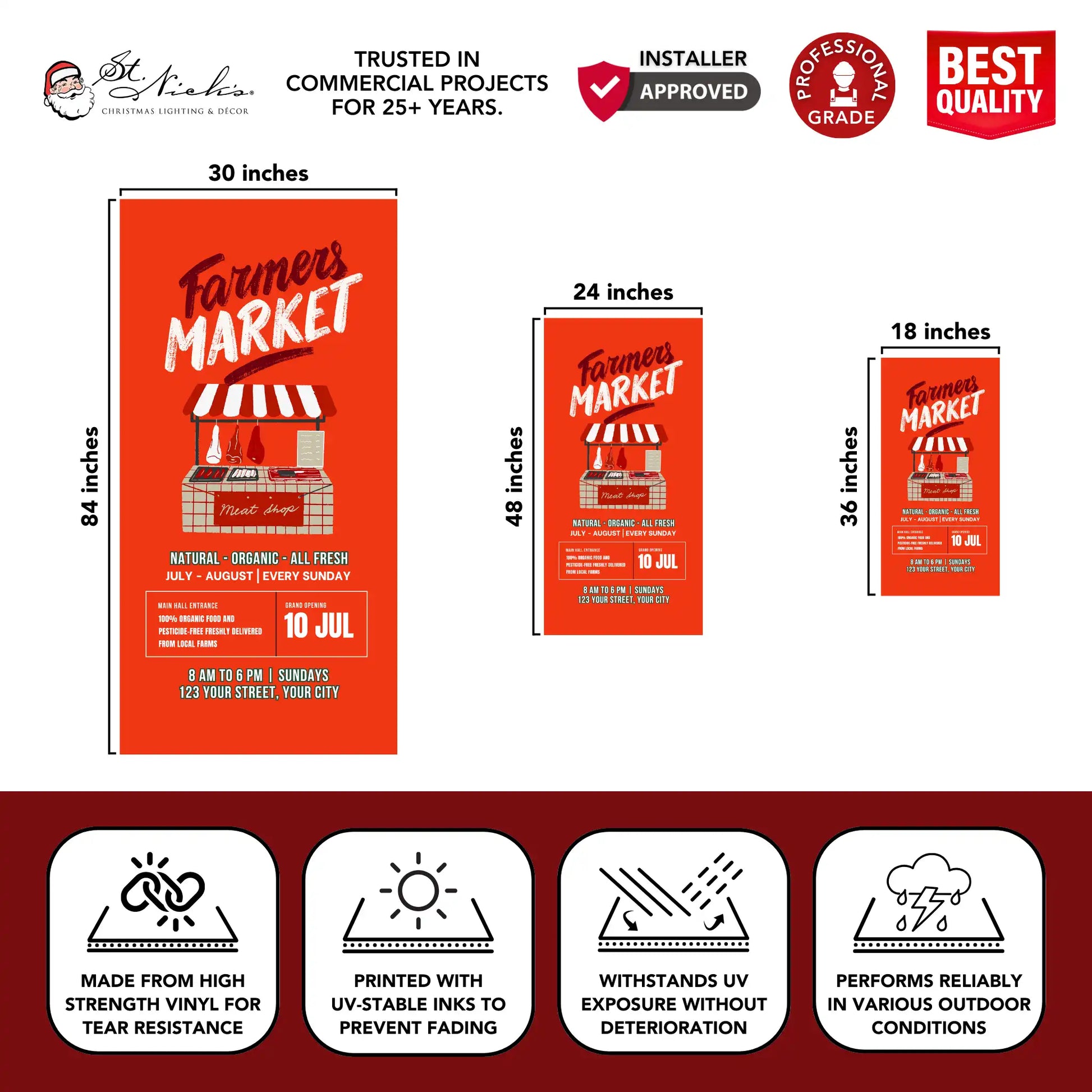 Farmers Market red pole banner with size dimensions and professional-grade vinyl construction