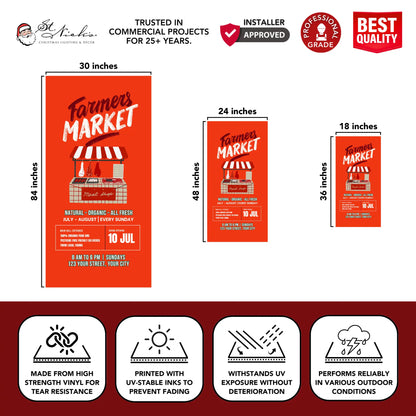 Farmers Market red pole banner with size dimensions and professional-grade vinyl construction