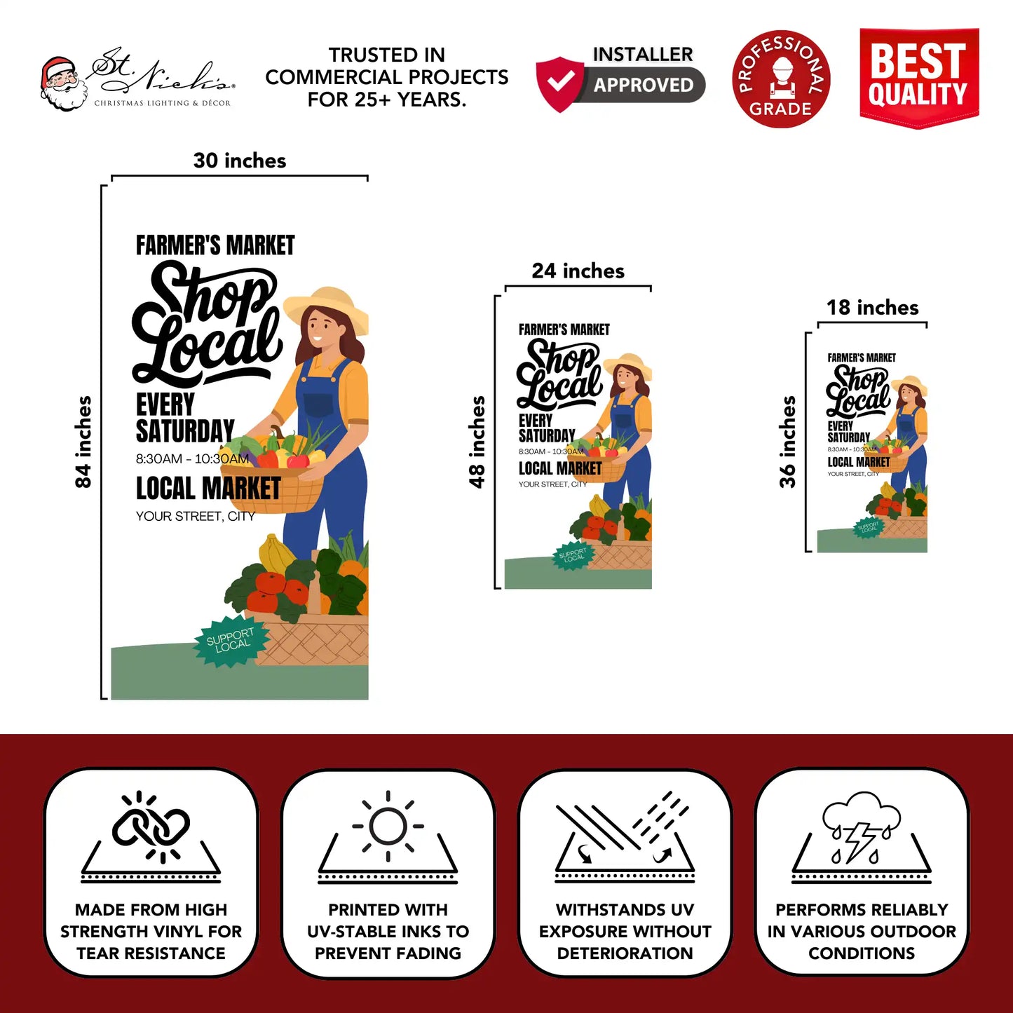 Farmer’s Market shop local pole banner with size dimensions and professional-grade vinyl construction