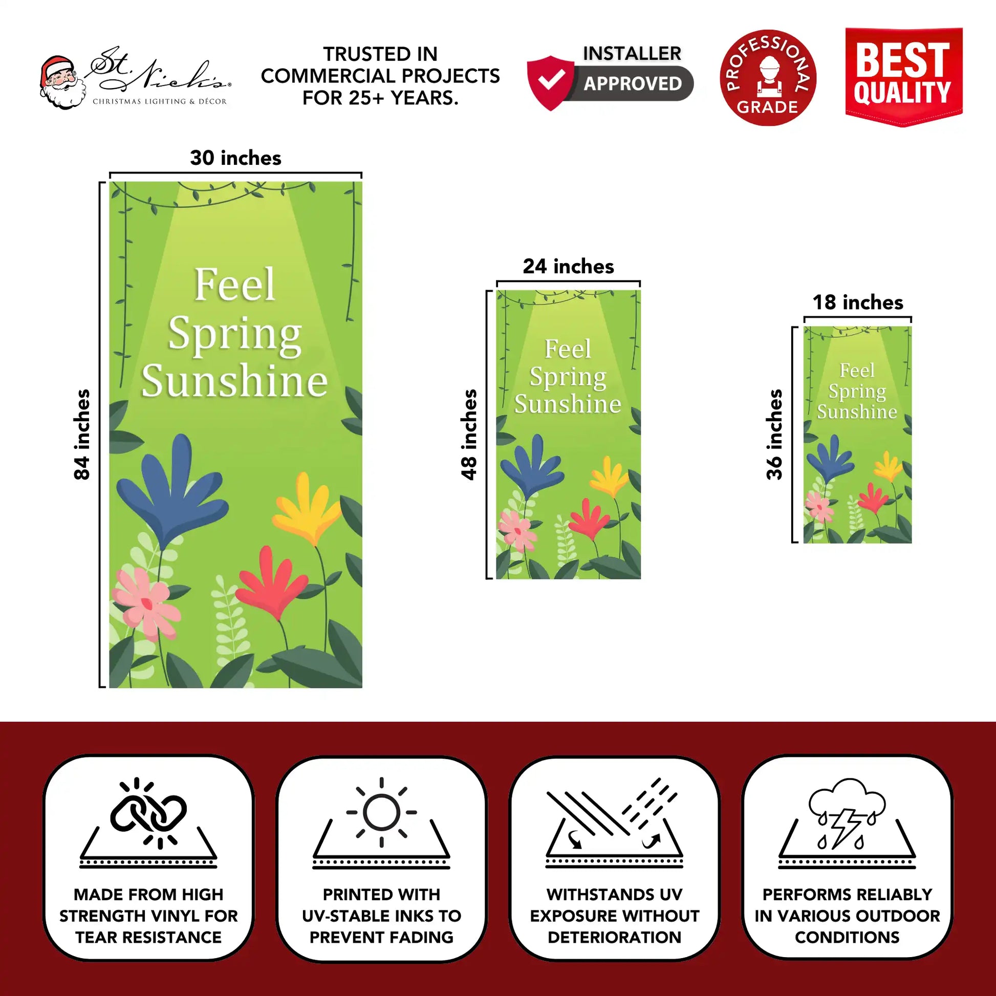 Feel Spring Sunshine spring pole banner with size dimensions and durable vinyl construction