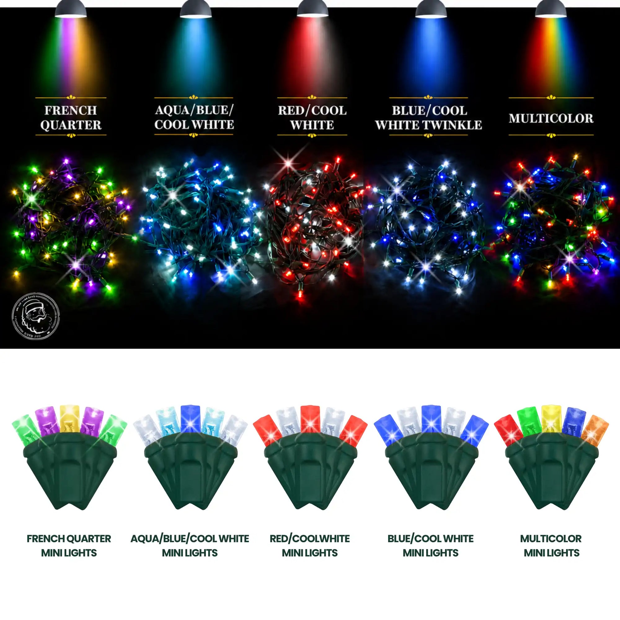 French Quarter 5mm twinkle LED mini lights shown alongside aqua, blue and cool white, red and cool white, blue and cool white, and multicolor options