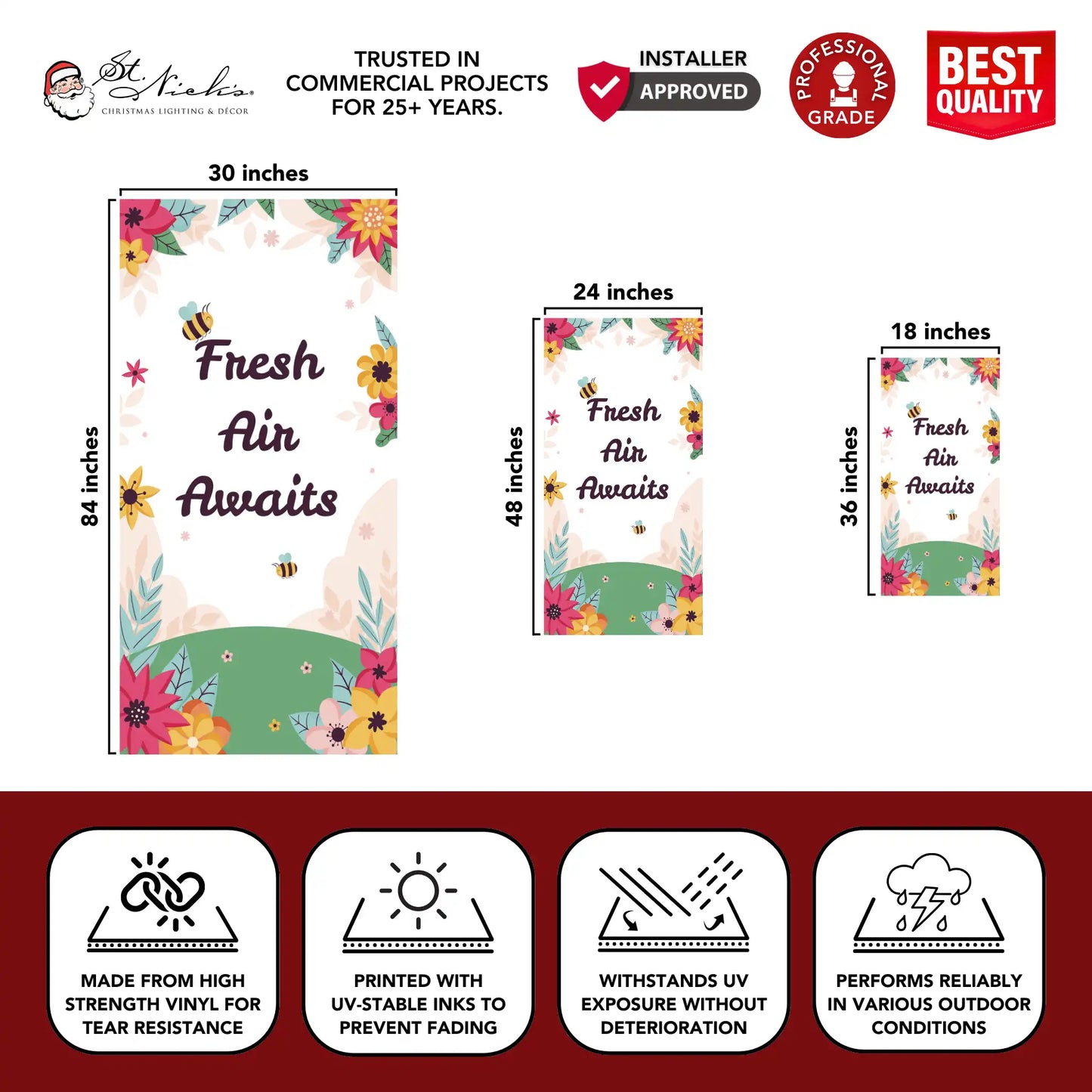 Fresh Air Awaits spring pole banner with size dimensions and durable vinyl construction