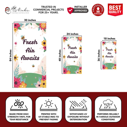 Fresh Air Awaits spring pole banner with size dimensions and durable vinyl construction