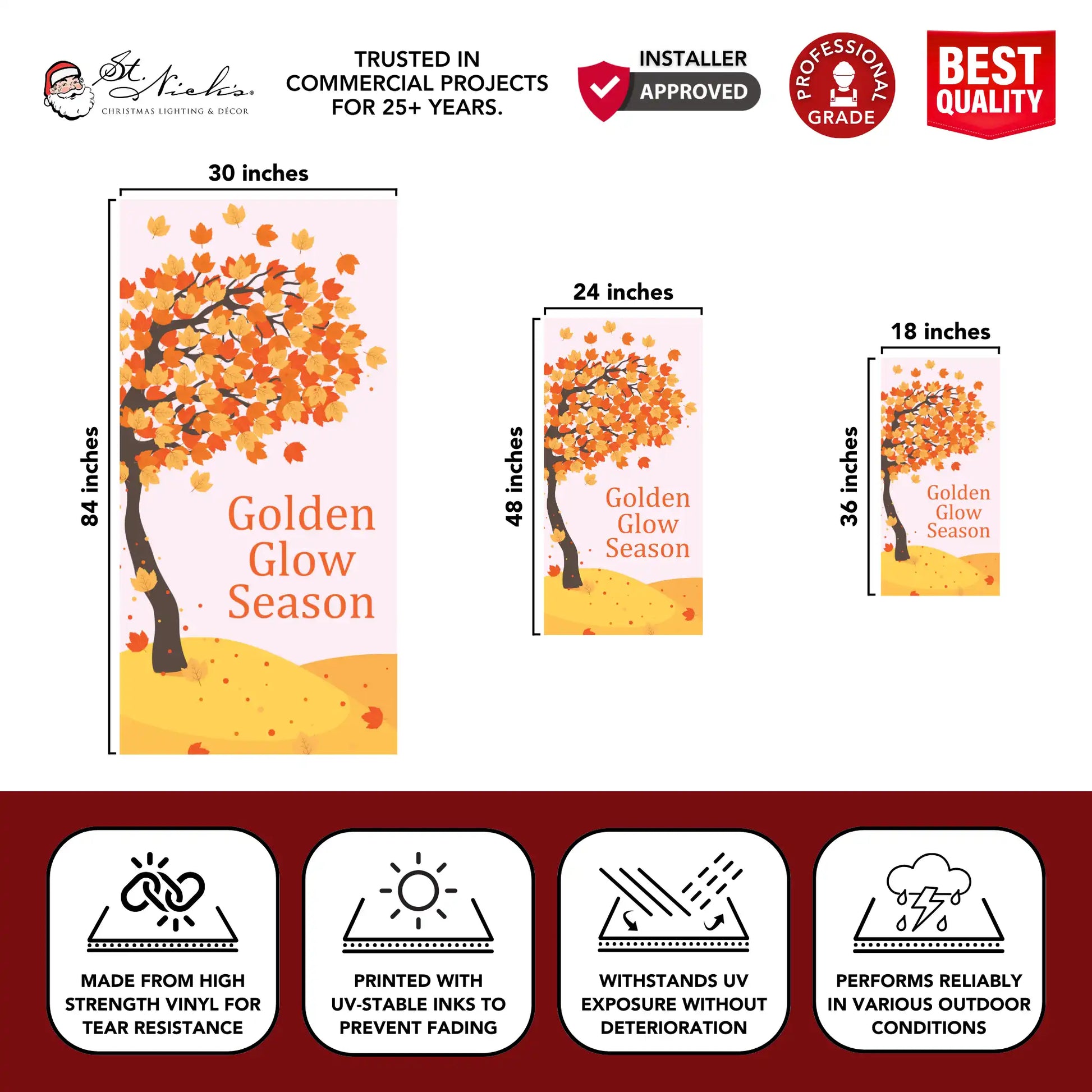 Golden Glow Season fall pole banner with size dimensions and durable vinyl construction