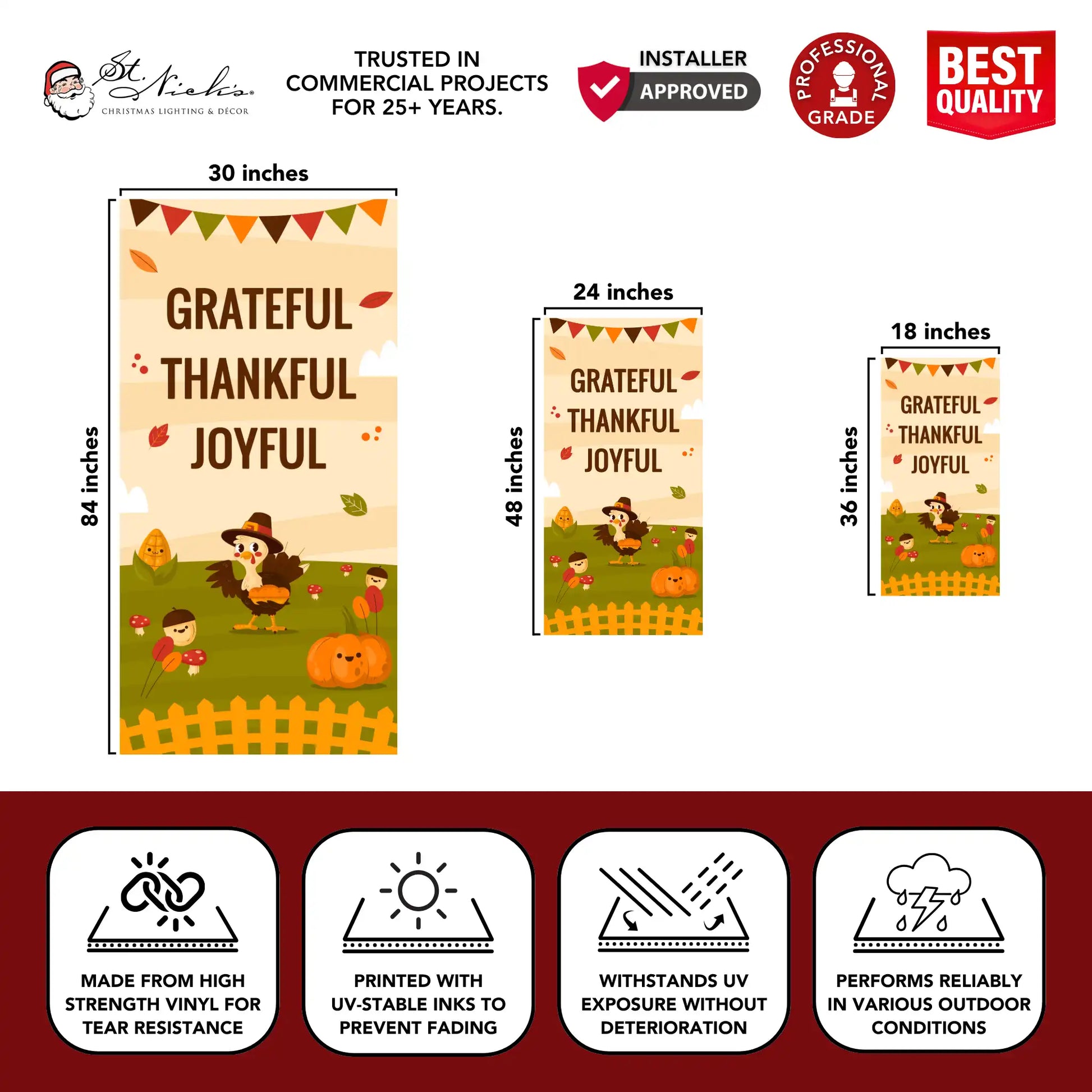 Grateful Thankful Joyful Thanksgiving pole banner with size dimensions and durable vinyl construction