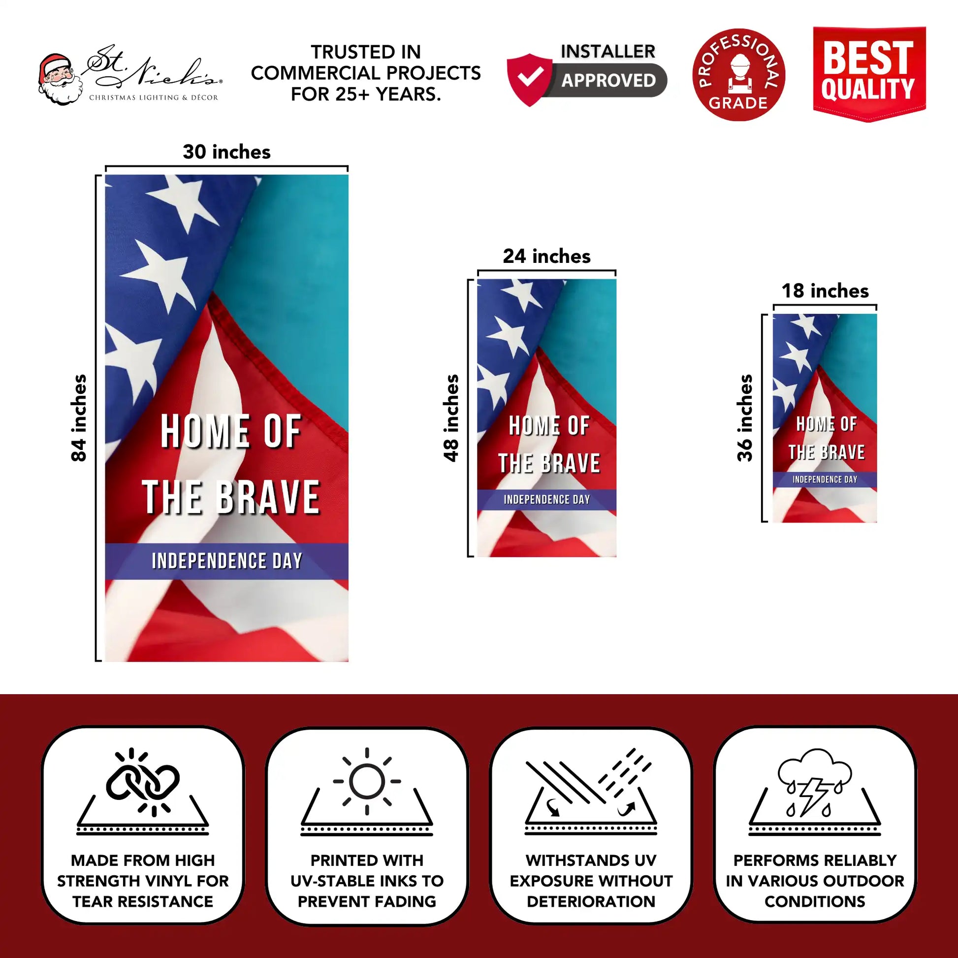 Happy 4th of July red party pole banner with size dimensions and durable vinyl construction