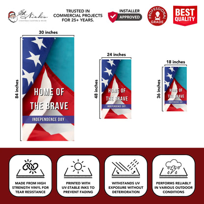 Happy 4th of July red party pole banner with size dimensions and durable vinyl construction