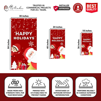 Happy Holidays Christmas pole banner dimensions showing available sizes and durable vinyl construction