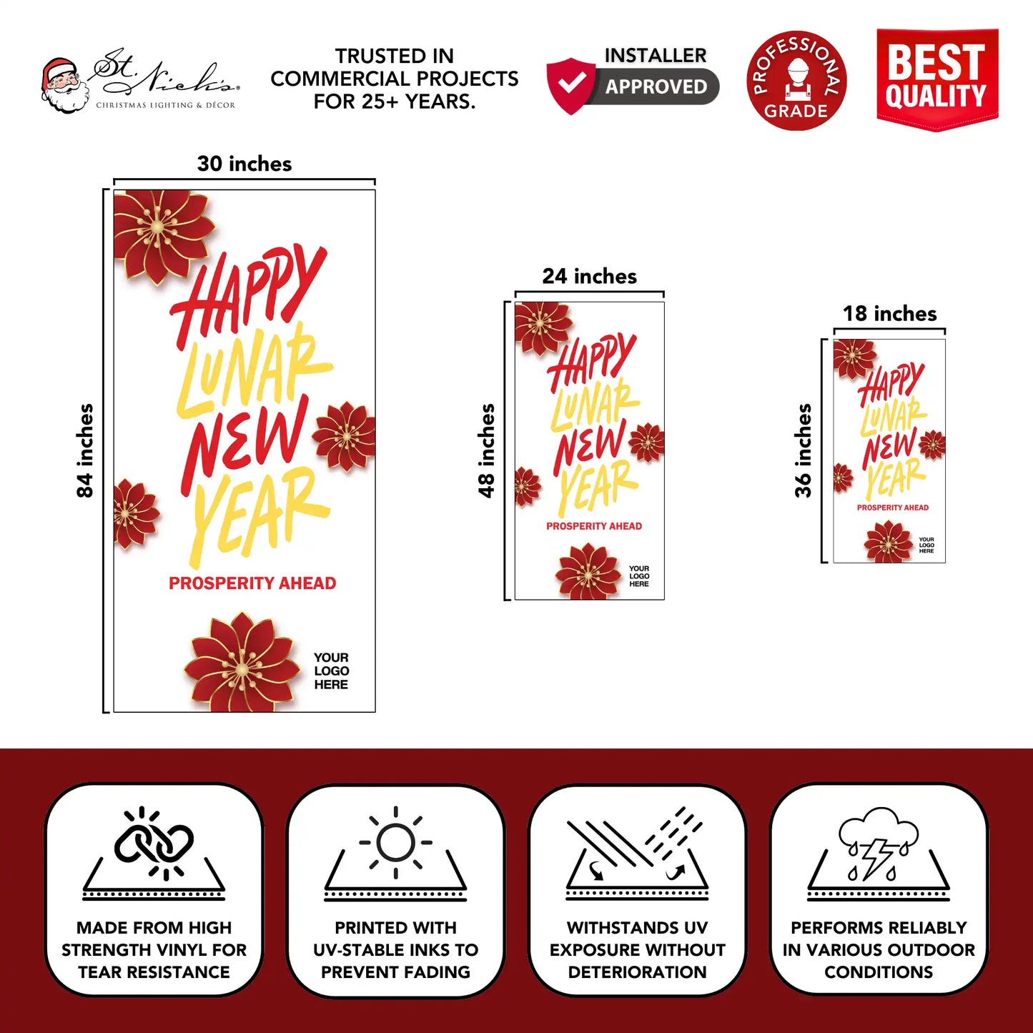 Happy Lunar New Year prosperity pole banner with size dimensions and professional-grade vinyl construction