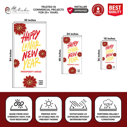 Happy Lunar New Year prosperity pole banner with size dimensions and professional-grade vinyl construction