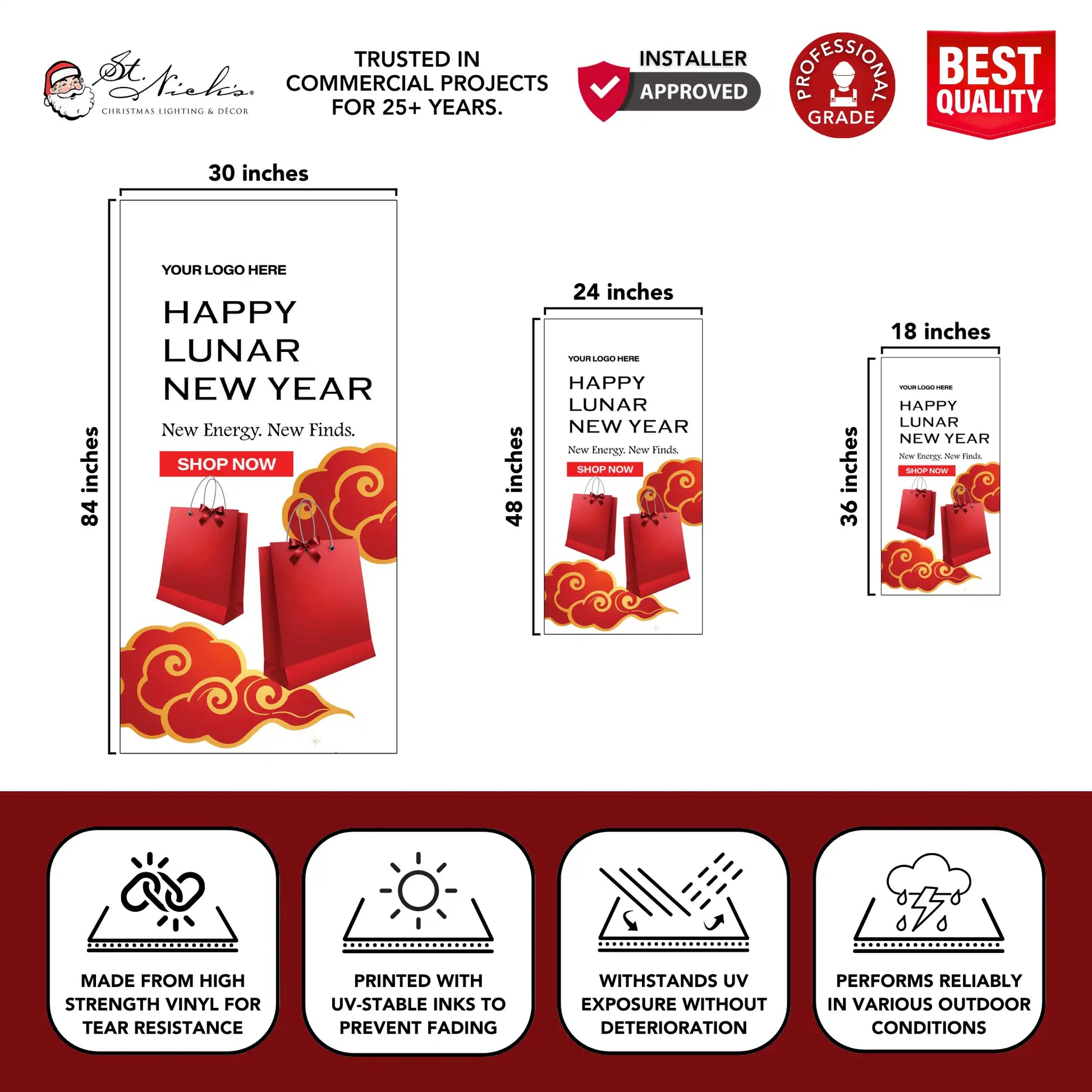 Happy Lunar New Year pole banner displaying size dimensions and professional-grade vinyl construction