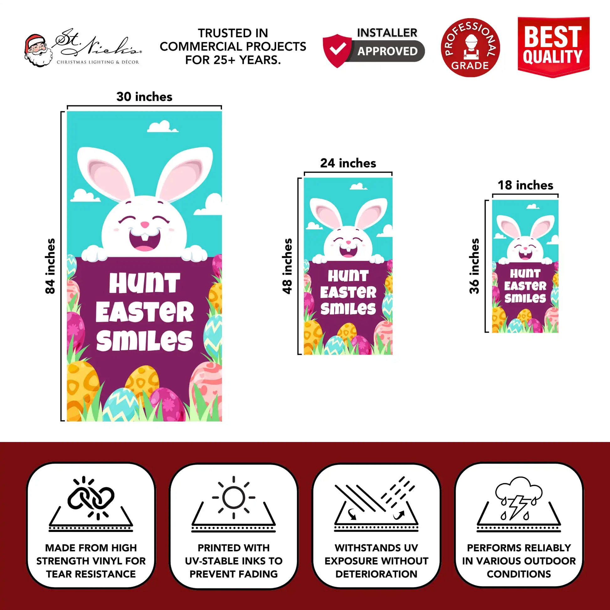 Hunt Easter Smiles Easter pole banner with size dimensions and durable vinyl construction