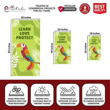 Learn Love Protect green banner size guide highlighting durable UV-resistant vinyl construction