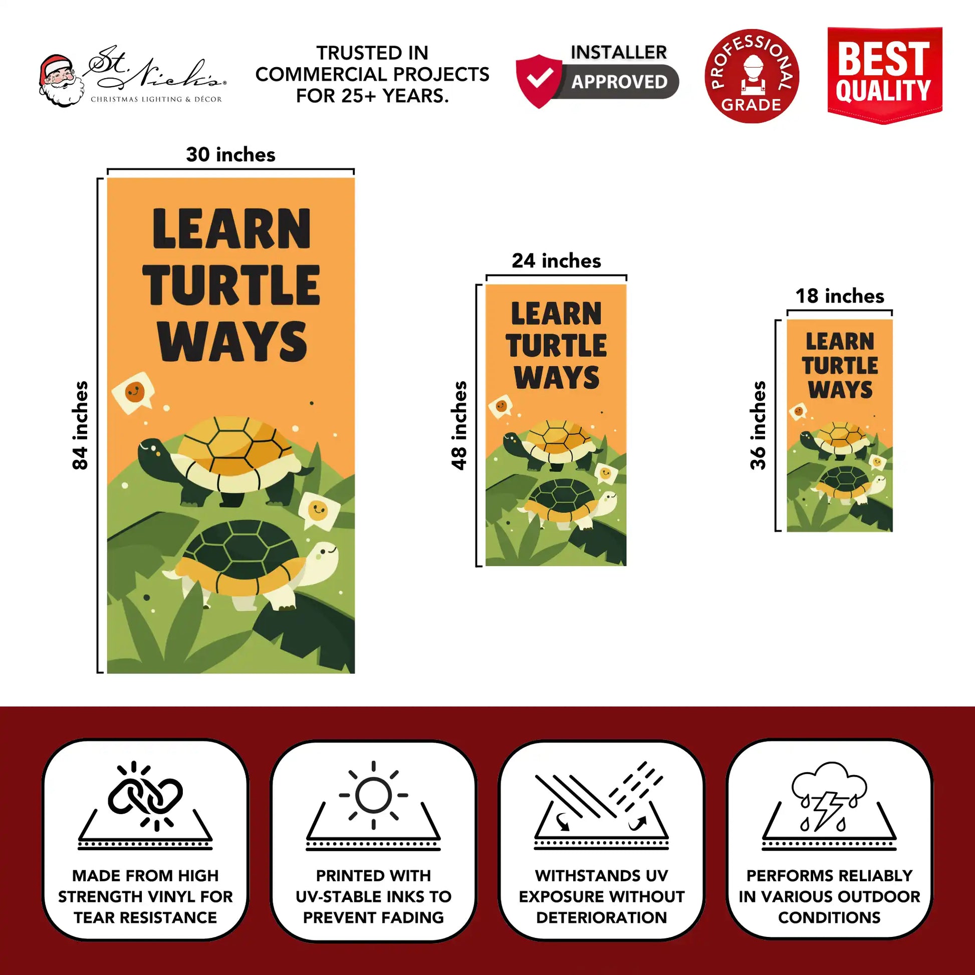 Learn Turtle Ways banner dimensions showing durable UV printed vinyl material