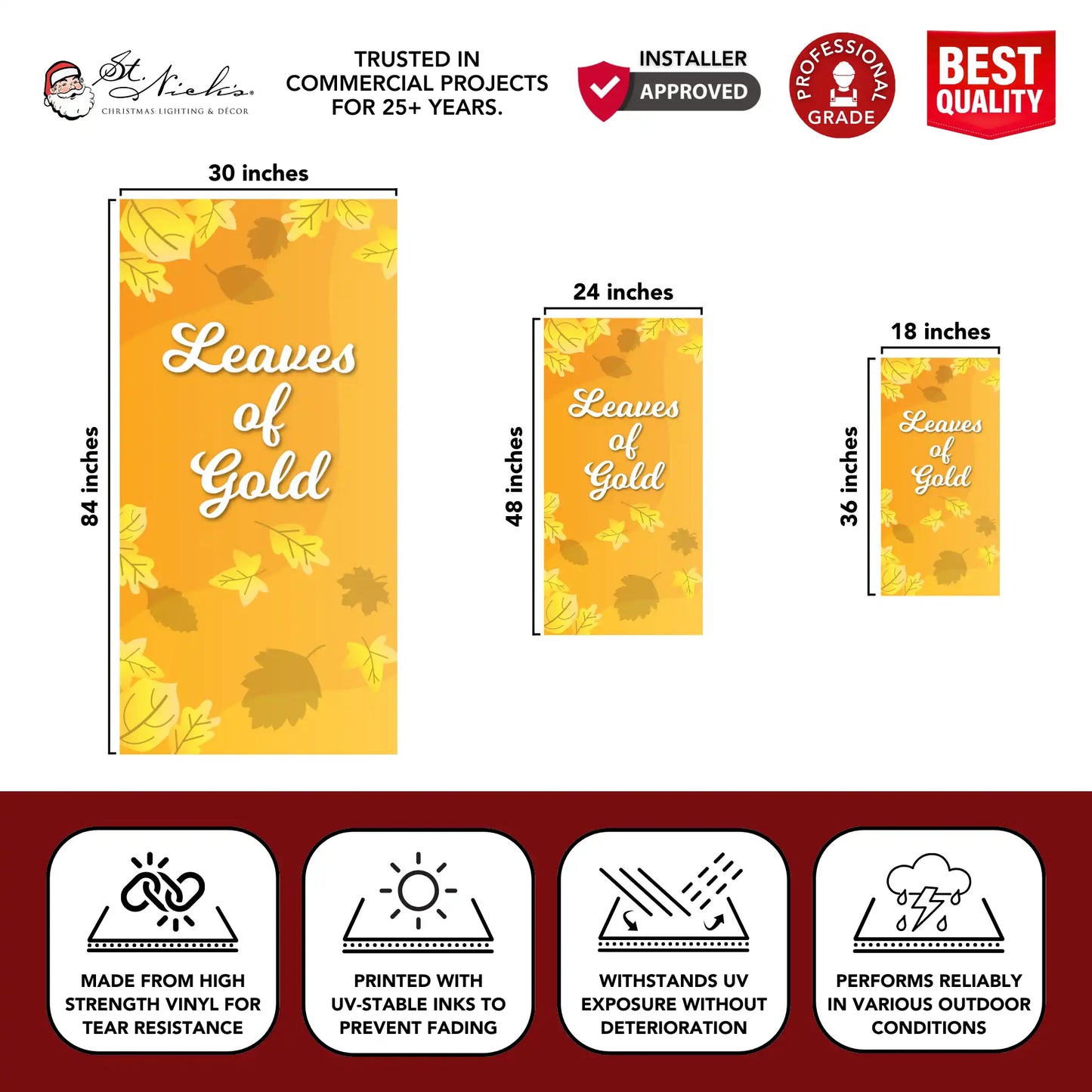 Leaves of Gold fall pole banner with size dimensions and durable vinyl construction