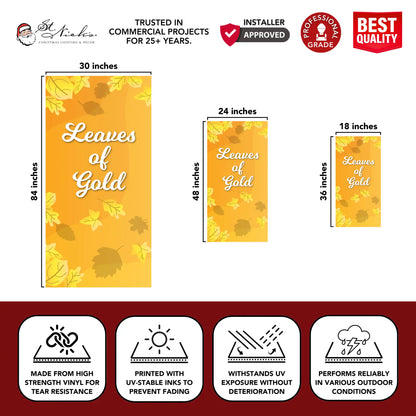 Leaves of Gold fall pole banner with size dimensions and durable vinyl construction