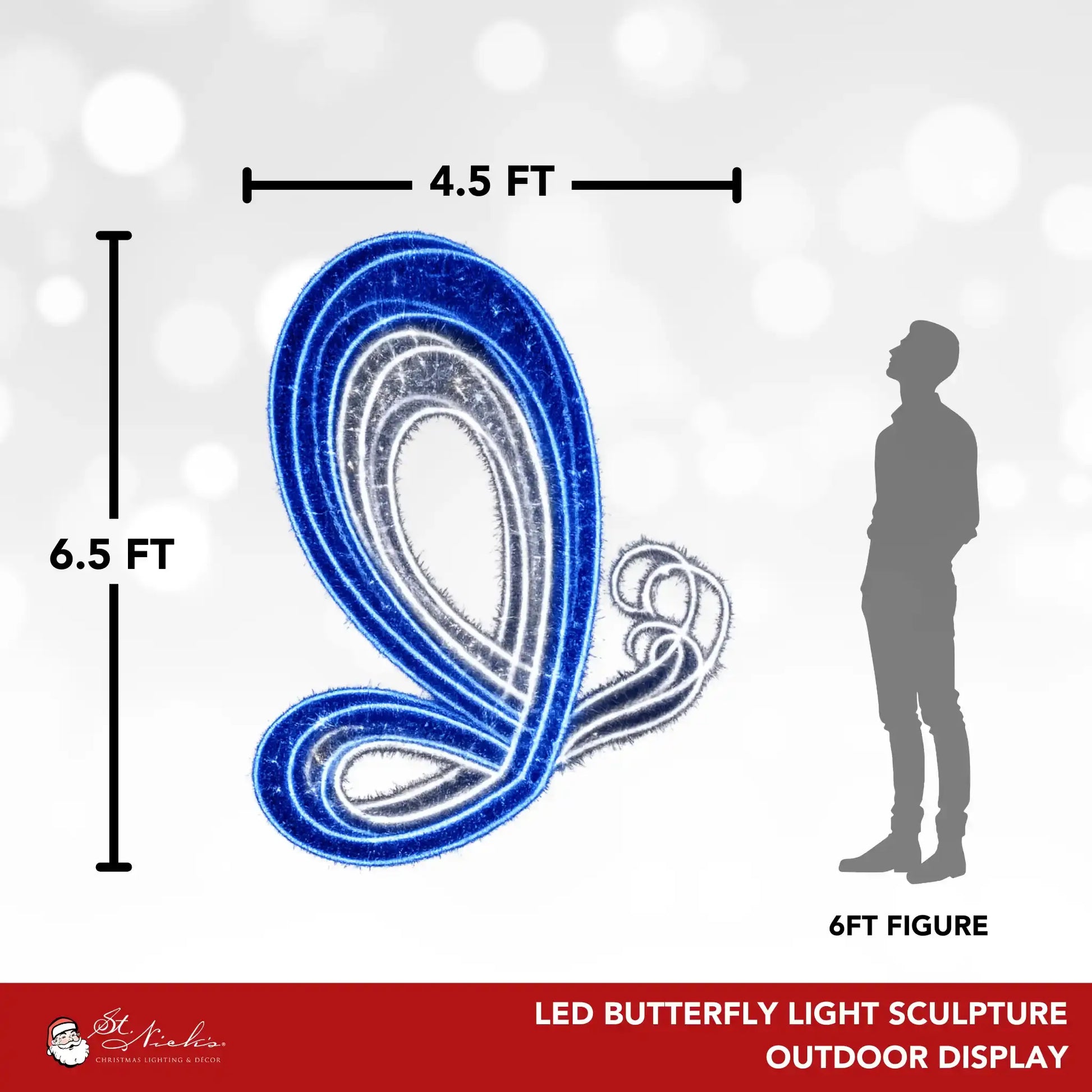 6.5 foot LED butterfly light sculpture shown with size reference for outdoor display installation