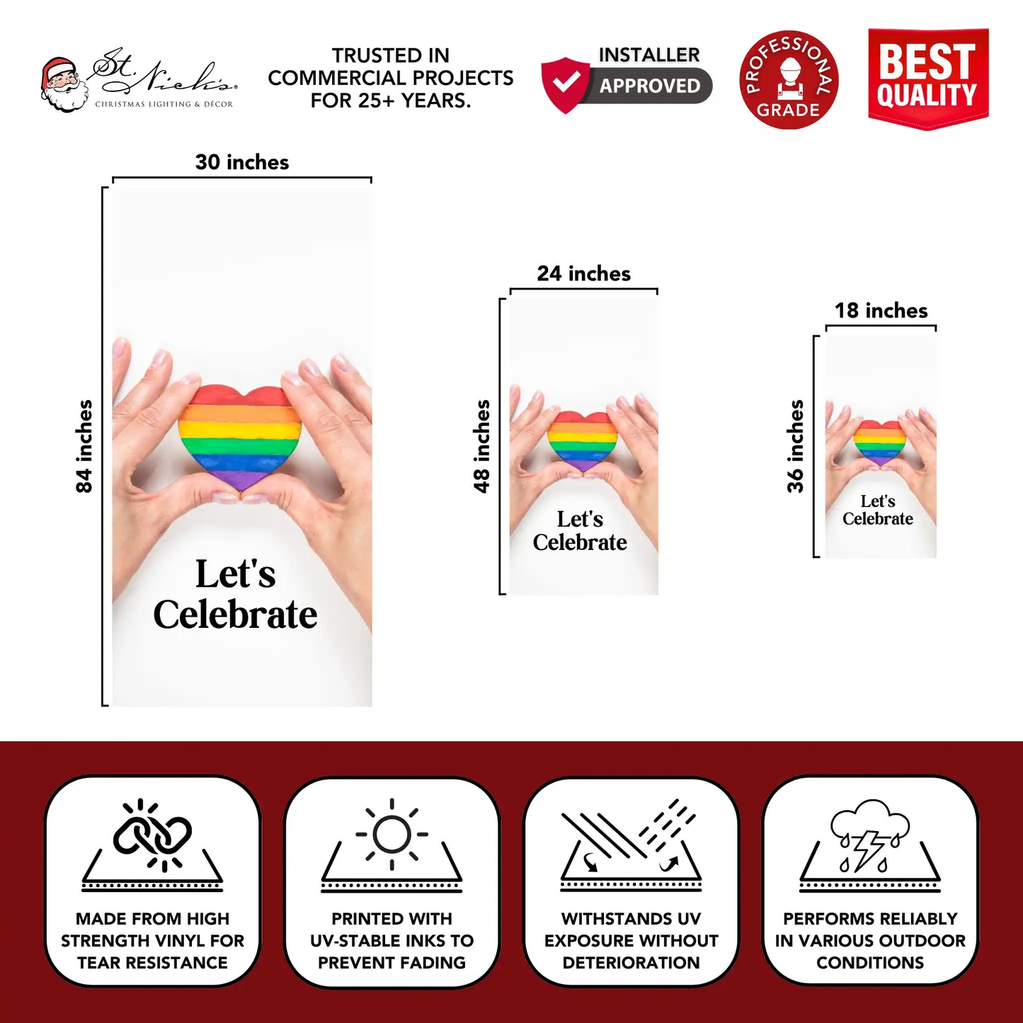 Let’s Celebrate pride pole banner with size dimensions and professional-grade vinyl construction