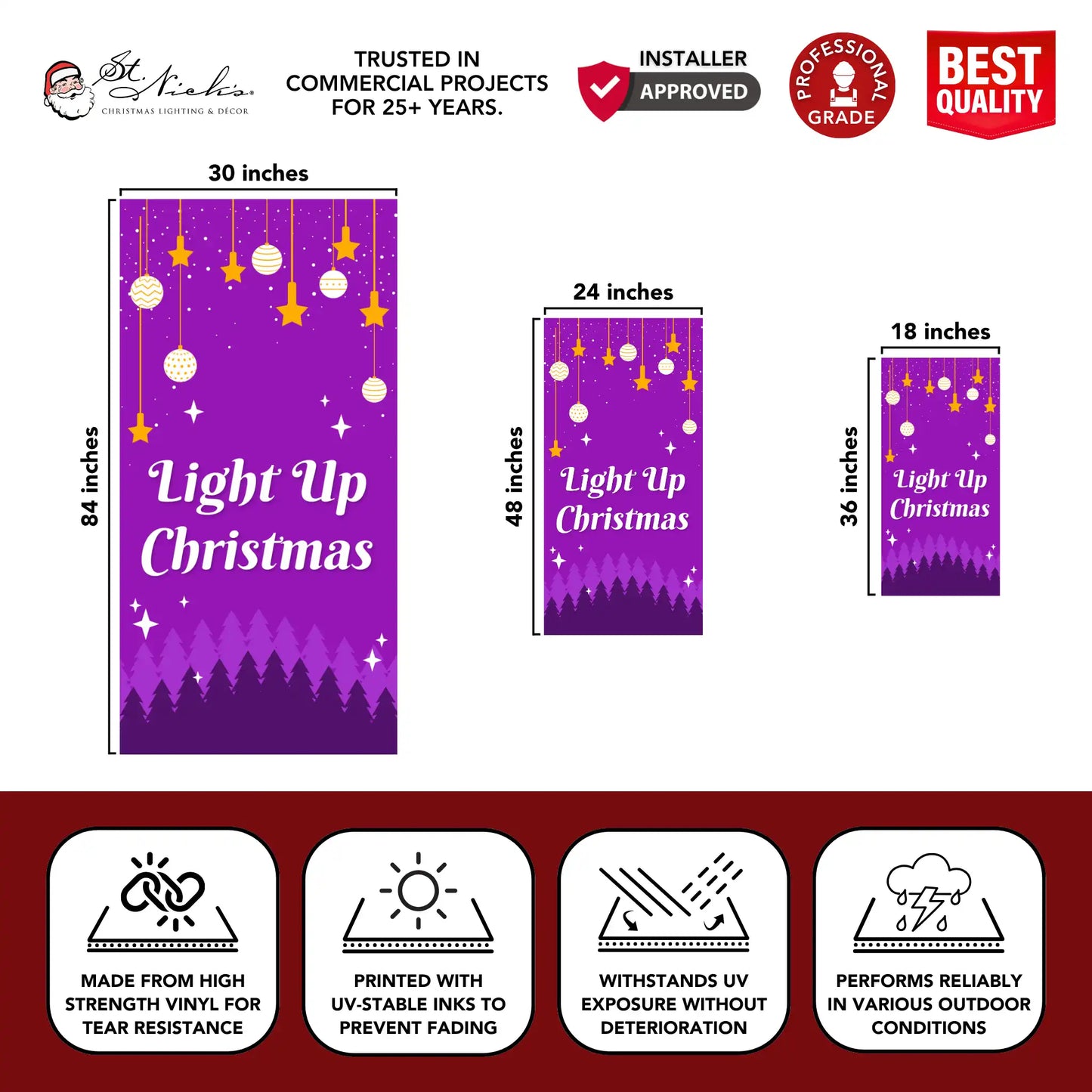 Light Up Christmas Christmas pole banner with size dimensions and durable vinyl construction