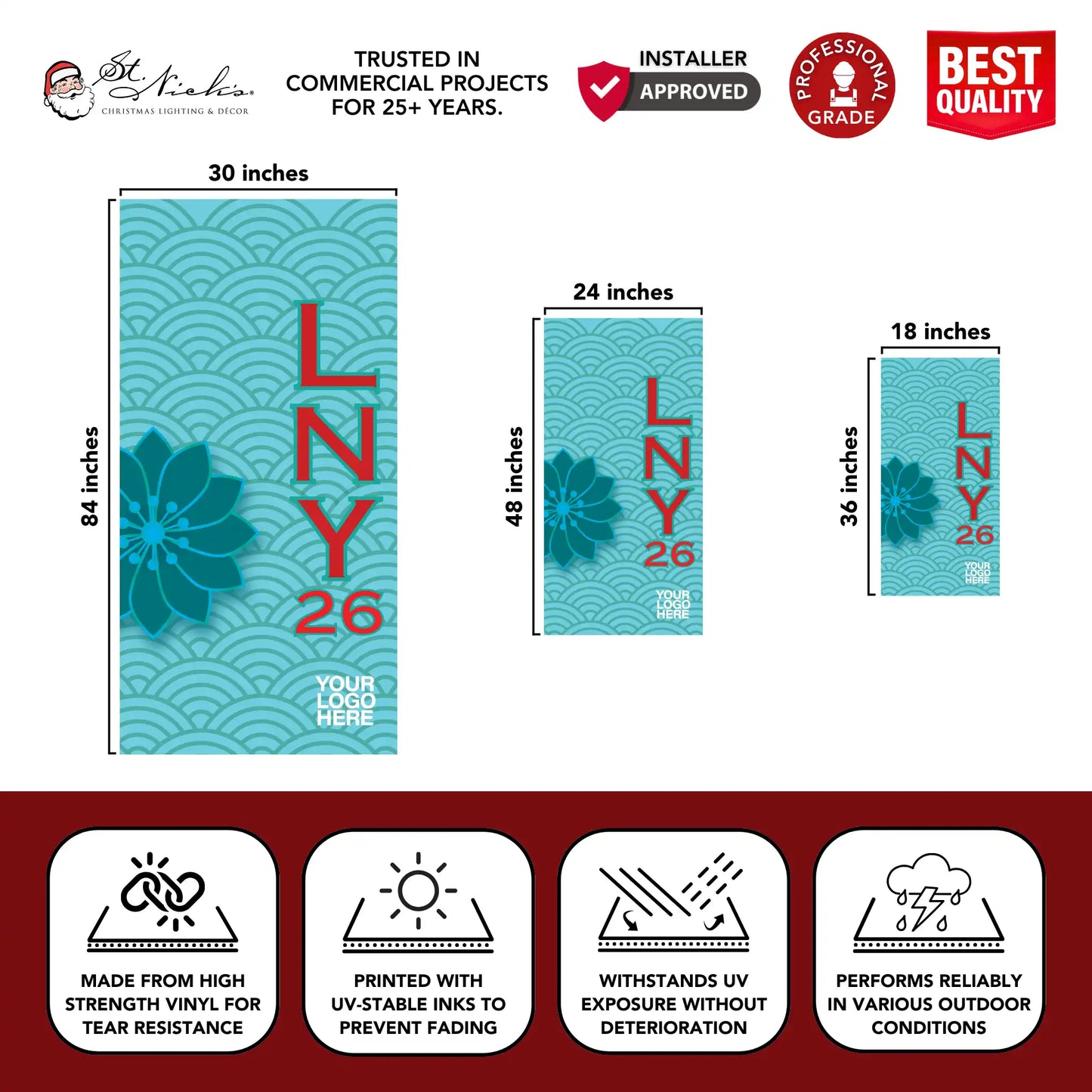 Lunar New Year 2026 teal pole banner displaying size dimensions and professional-grade vinyl construction