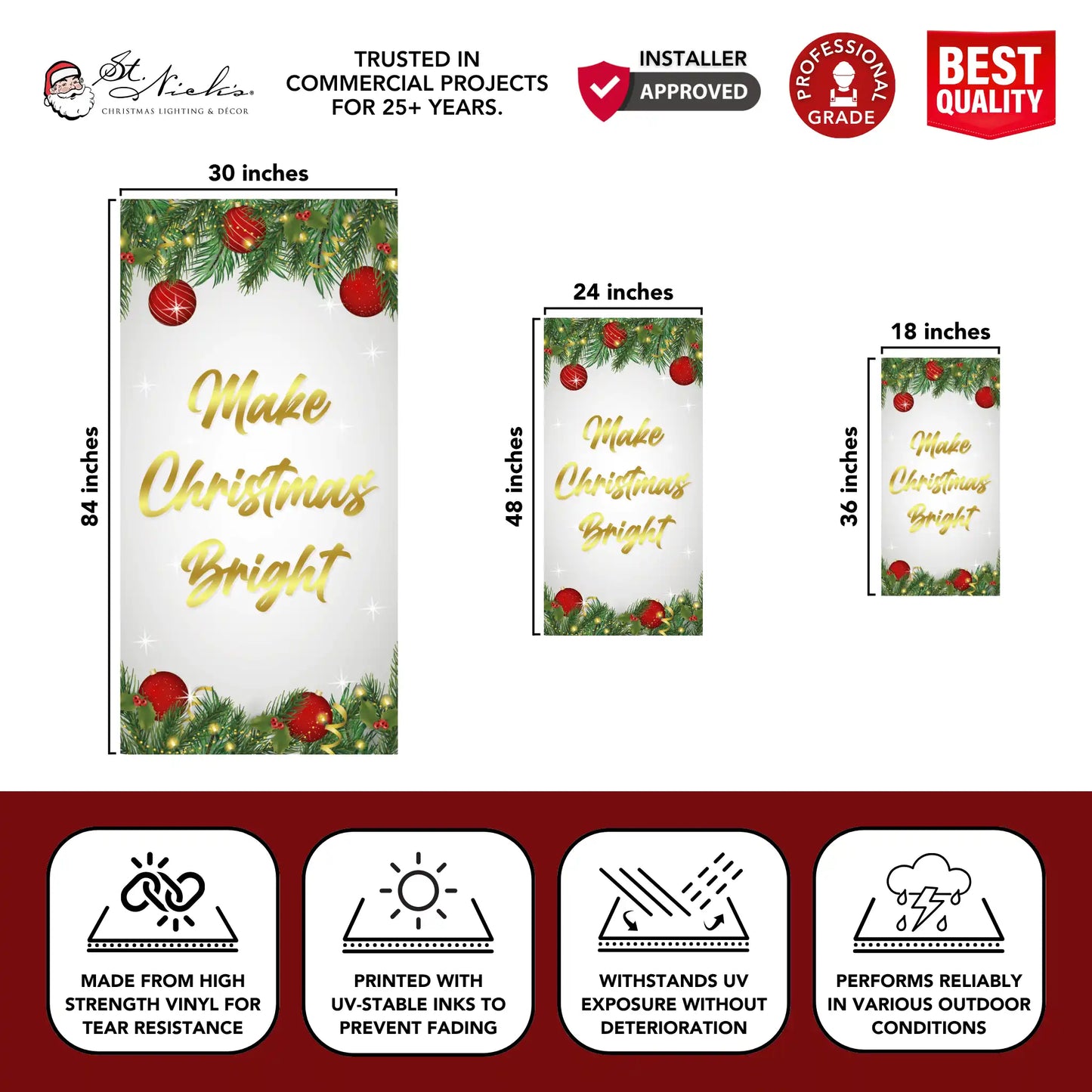 Make Christmas Bright Christmas pole banner with size dimensions and durable vinyl construction