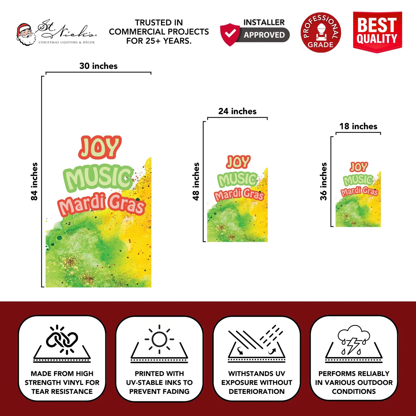 Joy Music Mardi Gras pole banner showing size dimensions and durable vinyl construction