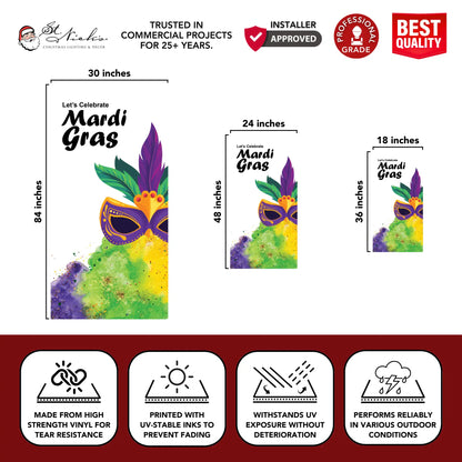Let’s Celebrate Mardi Gras pole banner displaying 18x36, 24x48, and 30x84 inch size dimensions with durable vinyl construction