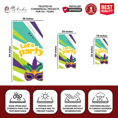Mardi Gras Let’s Party pole banner displaying 18 inch, 24 inch, and 30 inch size dimensions with durable vinyl construction