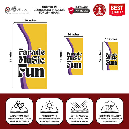Mardi Gras Parade Music Fun pole banner with size dimensions and durable commercial-grade vinyl construction