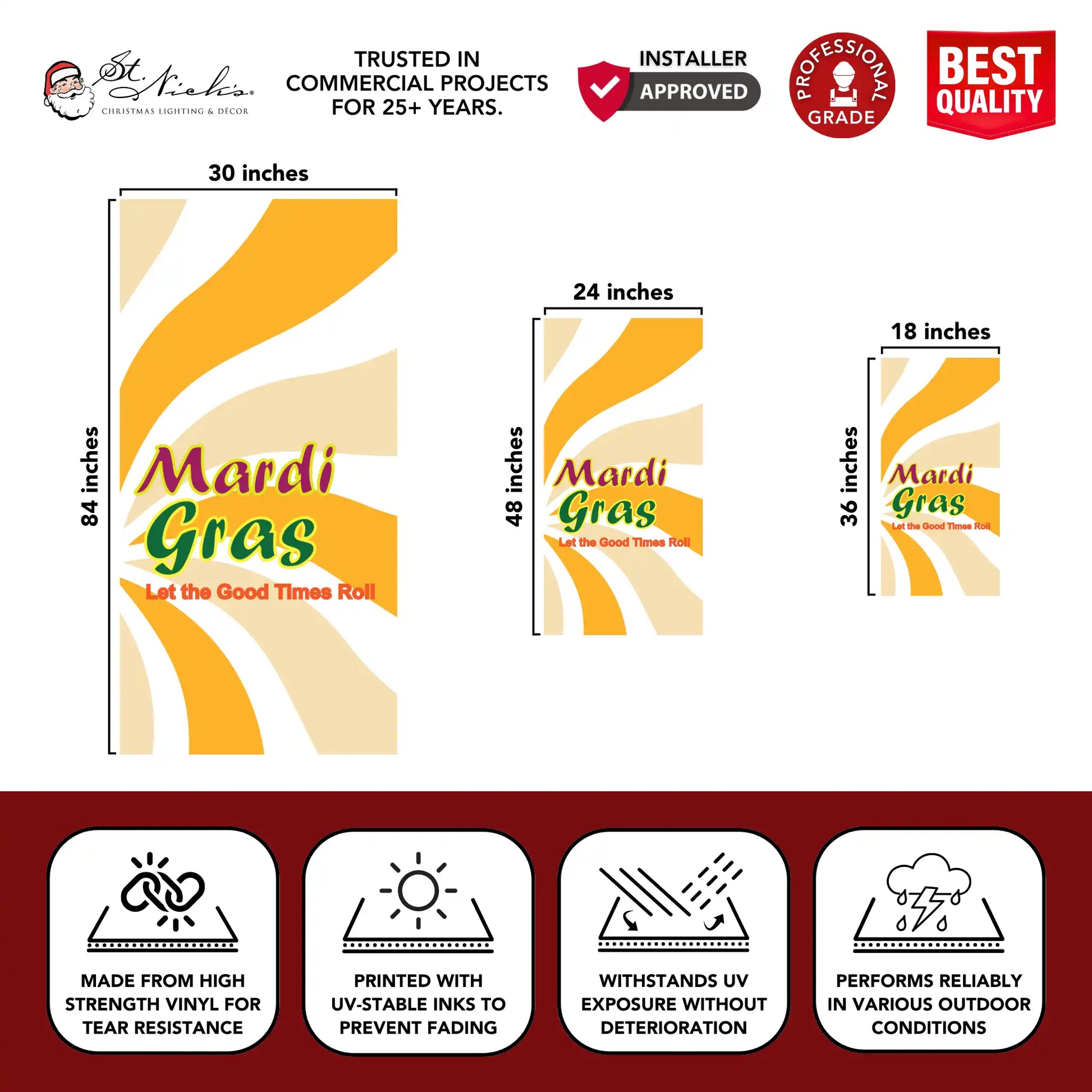 Mardi Gras yellow swirl pole banner showing 30x84, 24x48, and 18x36 inch sizes with durable vinyl construction