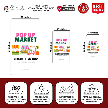 Pop Up Market pole banner with size dimensions and durable, professional-grade vinyl construction