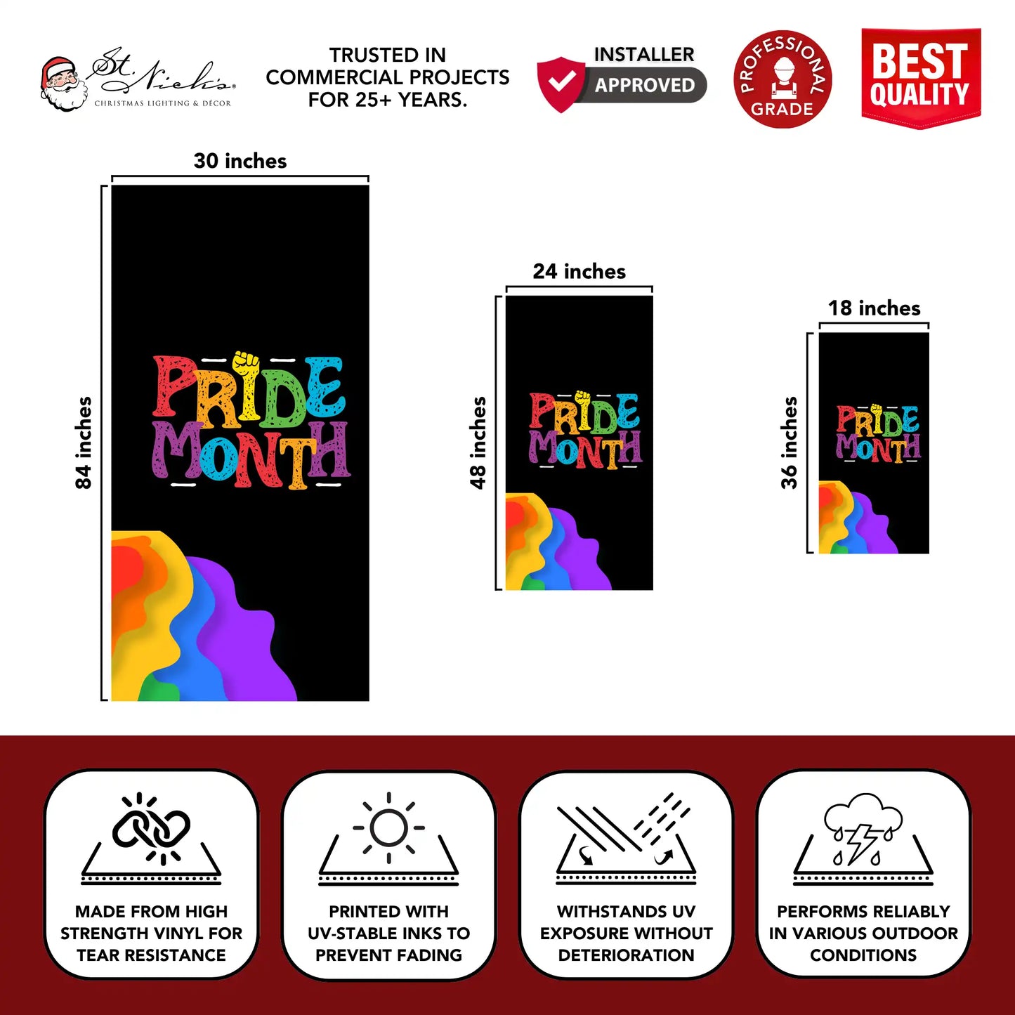 Pride Month black pride pole banner with size dimensions and professional-grade vinyl construction