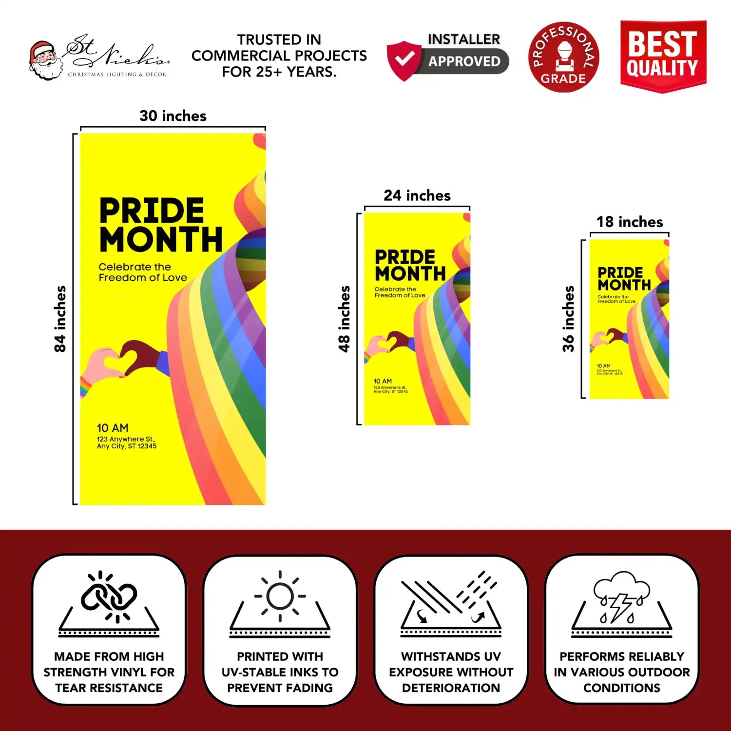 Pride Month Celebrate the Freedom of Love pole banner with size dimensions and professional-grade vinyl construction