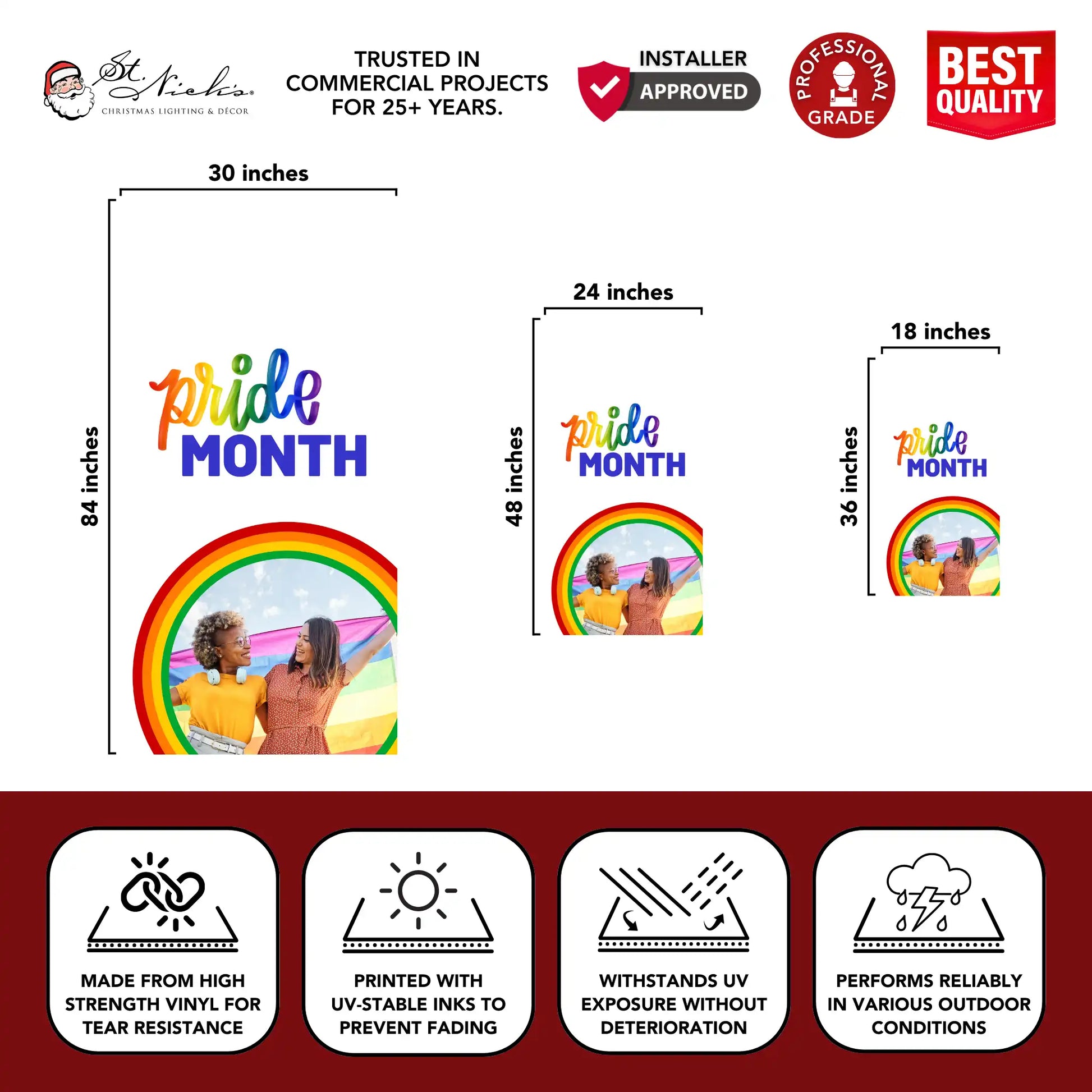 Pride Month photo pole banner with size dimensions and professional-grade vinyl construction