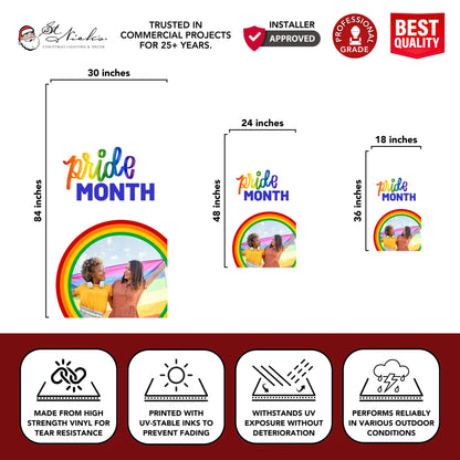 Pride Month photo pole banner with size dimensions and professional-grade vinyl construction