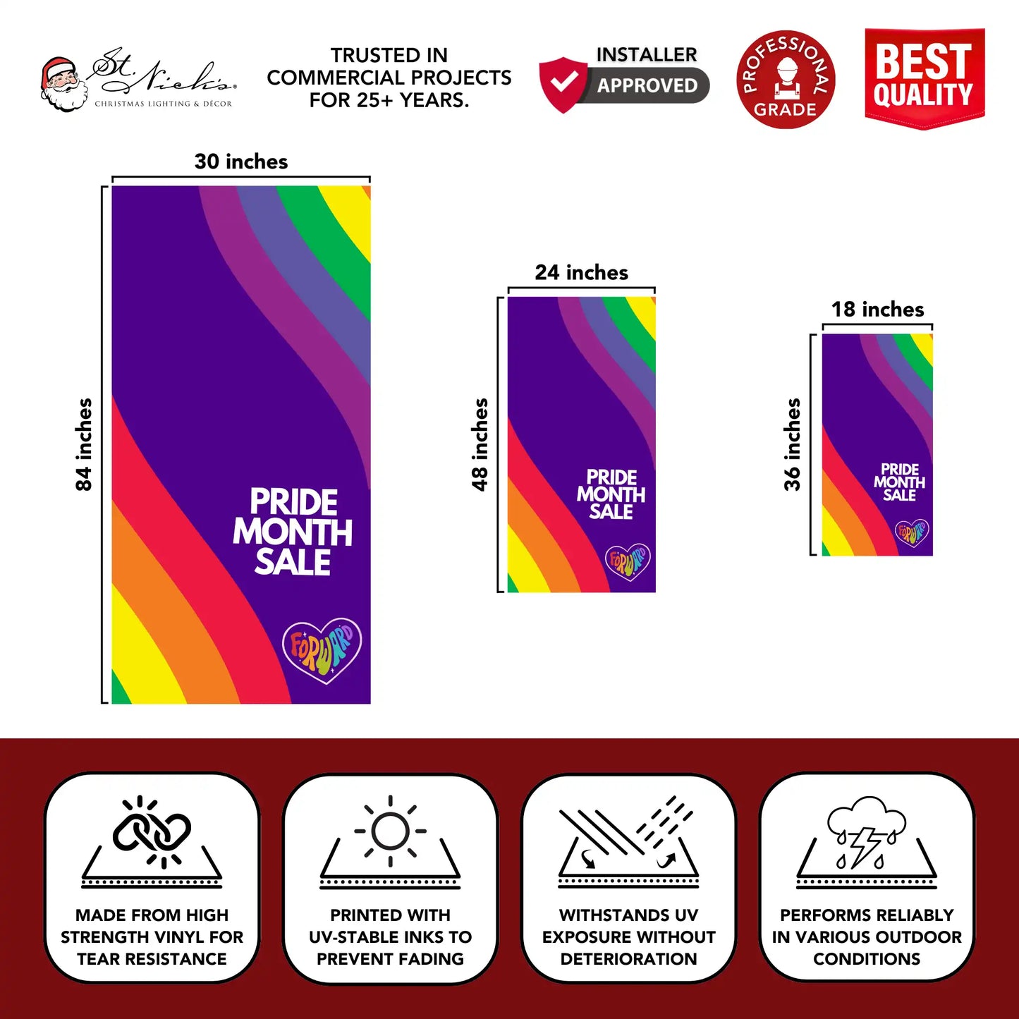 Pride Month Sale rainbow wave pole banner with size dimensions and professional-grade vinyl construction