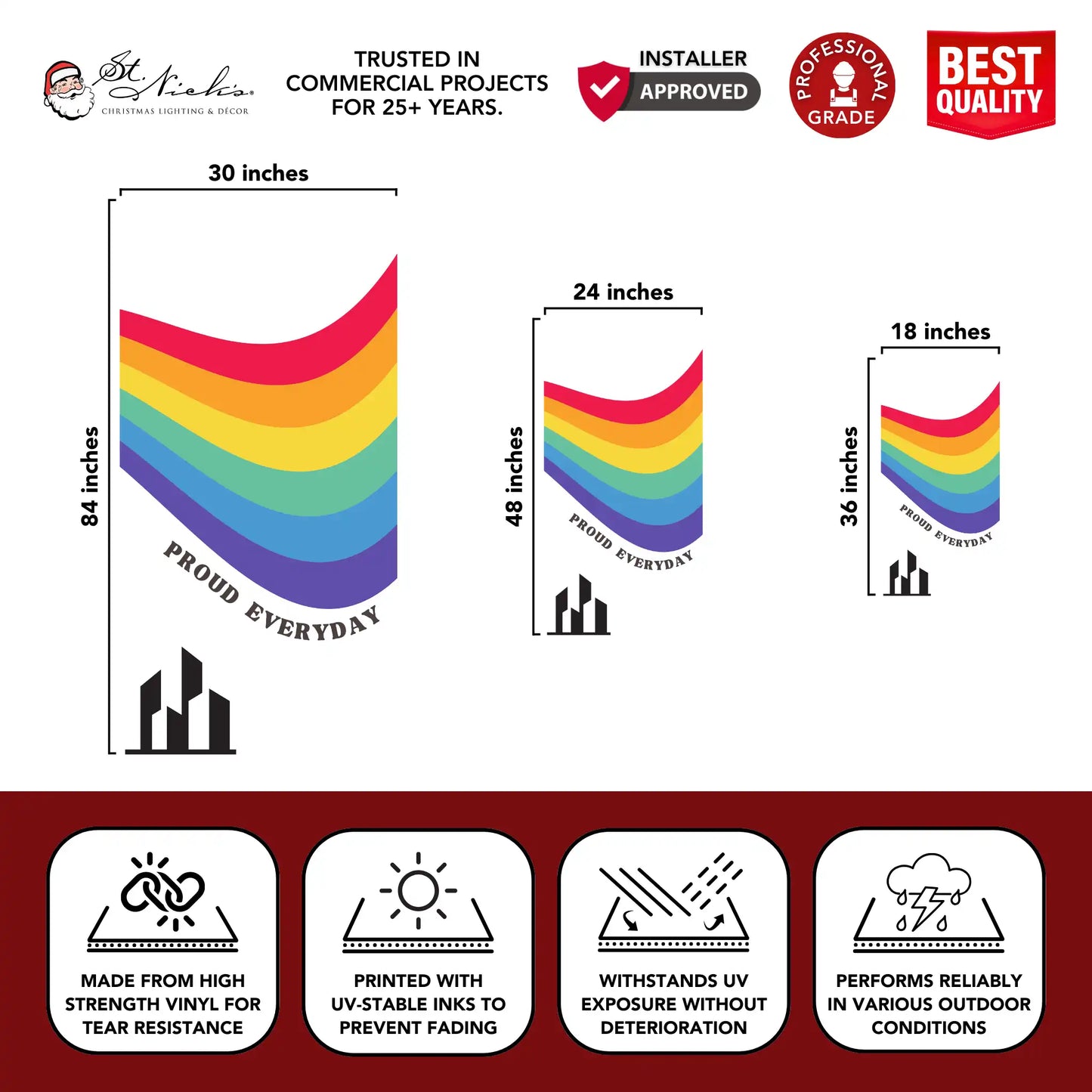 Proud Everyday pride pole banner with size dimensions and professional-grade vinyl construction