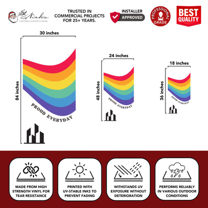 Proud Everyday pride pole banner with size dimensions and professional-grade vinyl construction