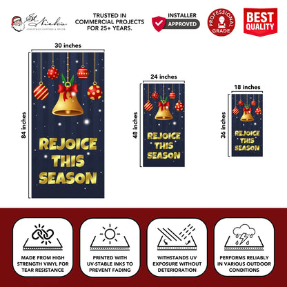 Rejoice This Season Christmas pole banner with size dimensions and durable vinyl construction