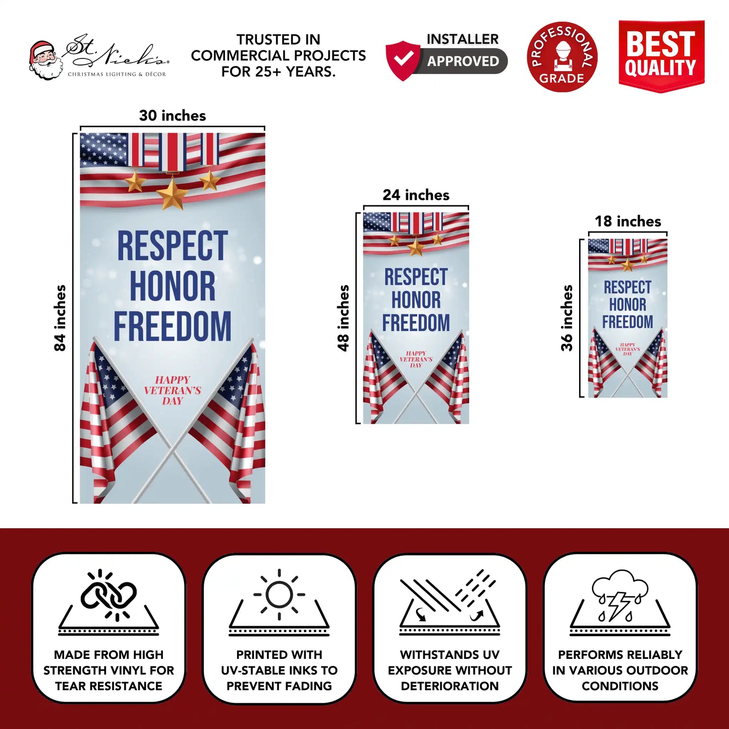 Respect Honor Freedom red white and blue banner size guide highlighting durable outdoor vinyl