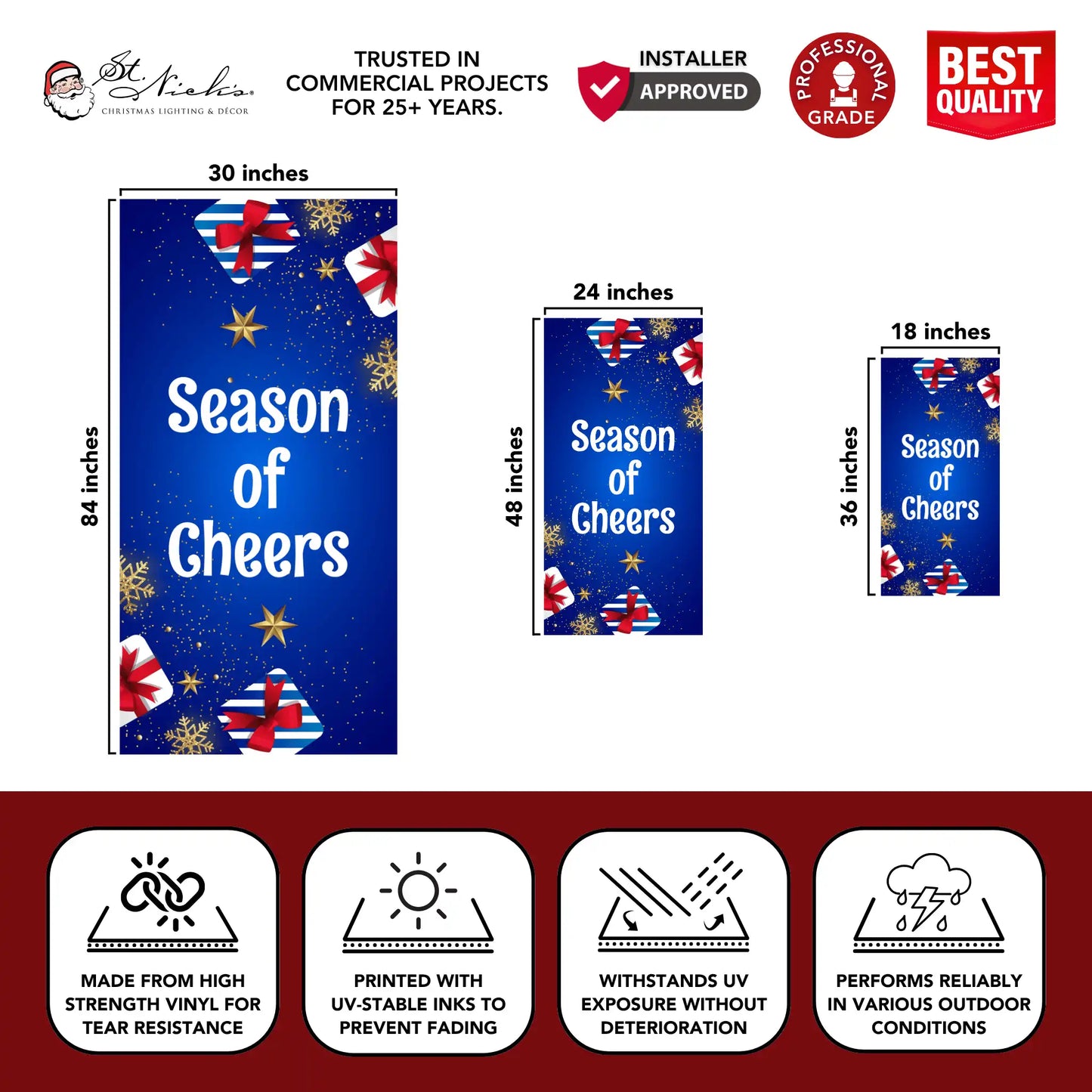 Season of Cheers Christmas pole banner with size dimensions and durable vinyl construction