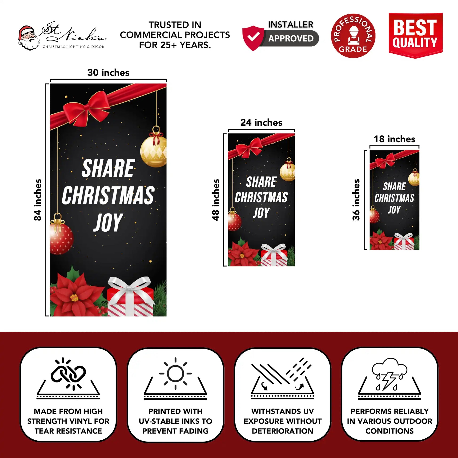 Share Christmas Joy Christmas pole banner with size dimensions and durable vinyl construction