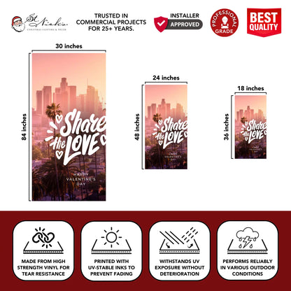 Share the Love Valentine’s Day pole banner showing size dimensions and durable vinyl construction