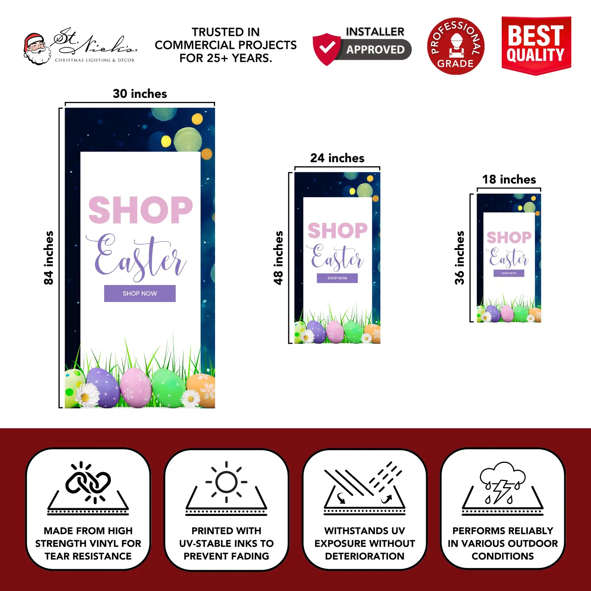 Shop Easter pole banner dimensions showing available sizes and durable vinyl construction