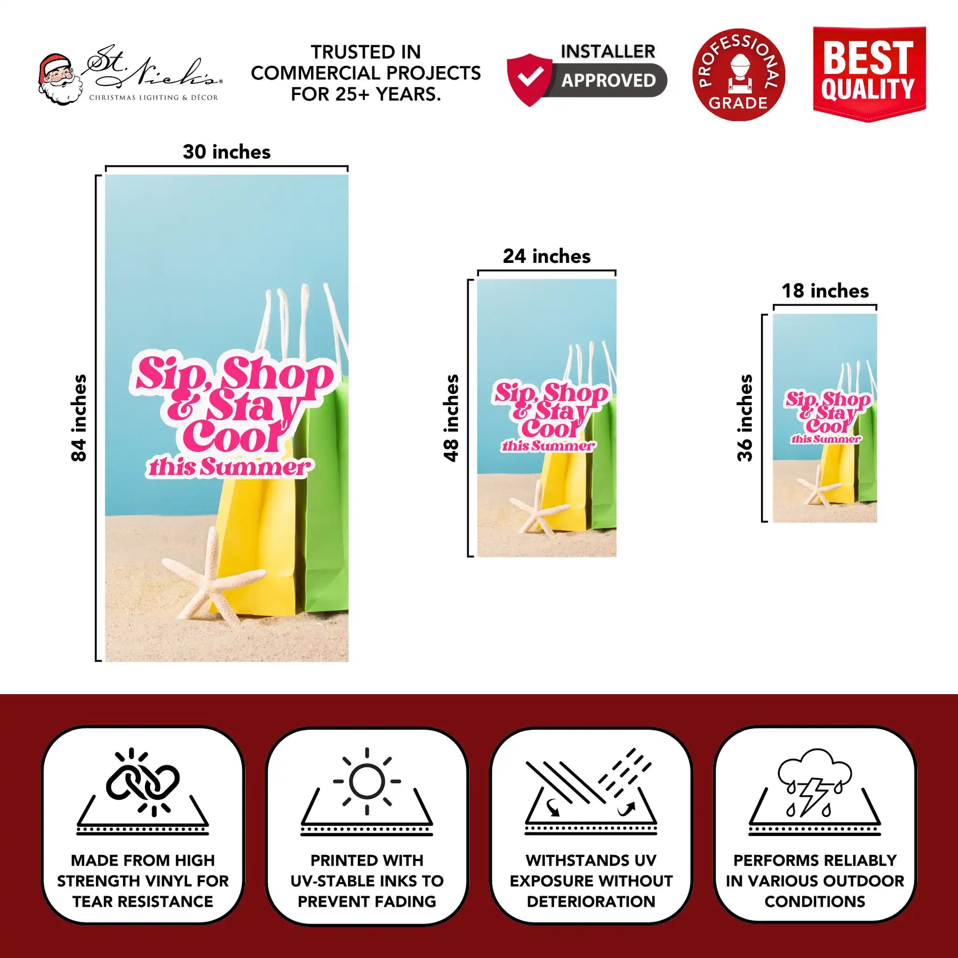 Sip Shop Stay Cool light blue banner size guide highlighting durable vinyl and UV-stable inks
