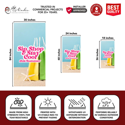 Sip Shop Stay Cool light blue banner size guide highlighting durable vinyl and UV-stable inks