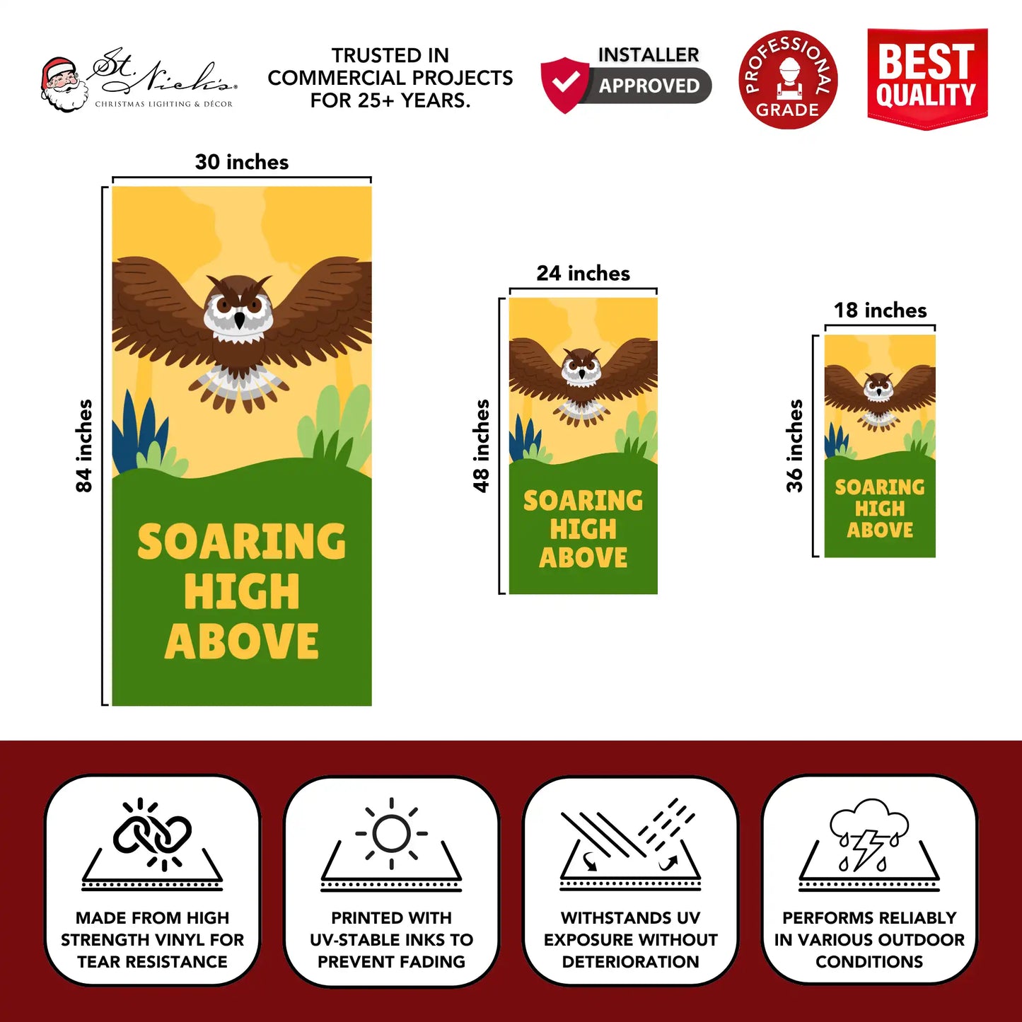 Soaring High Above owl street banner size chart durable outdoor vinyl