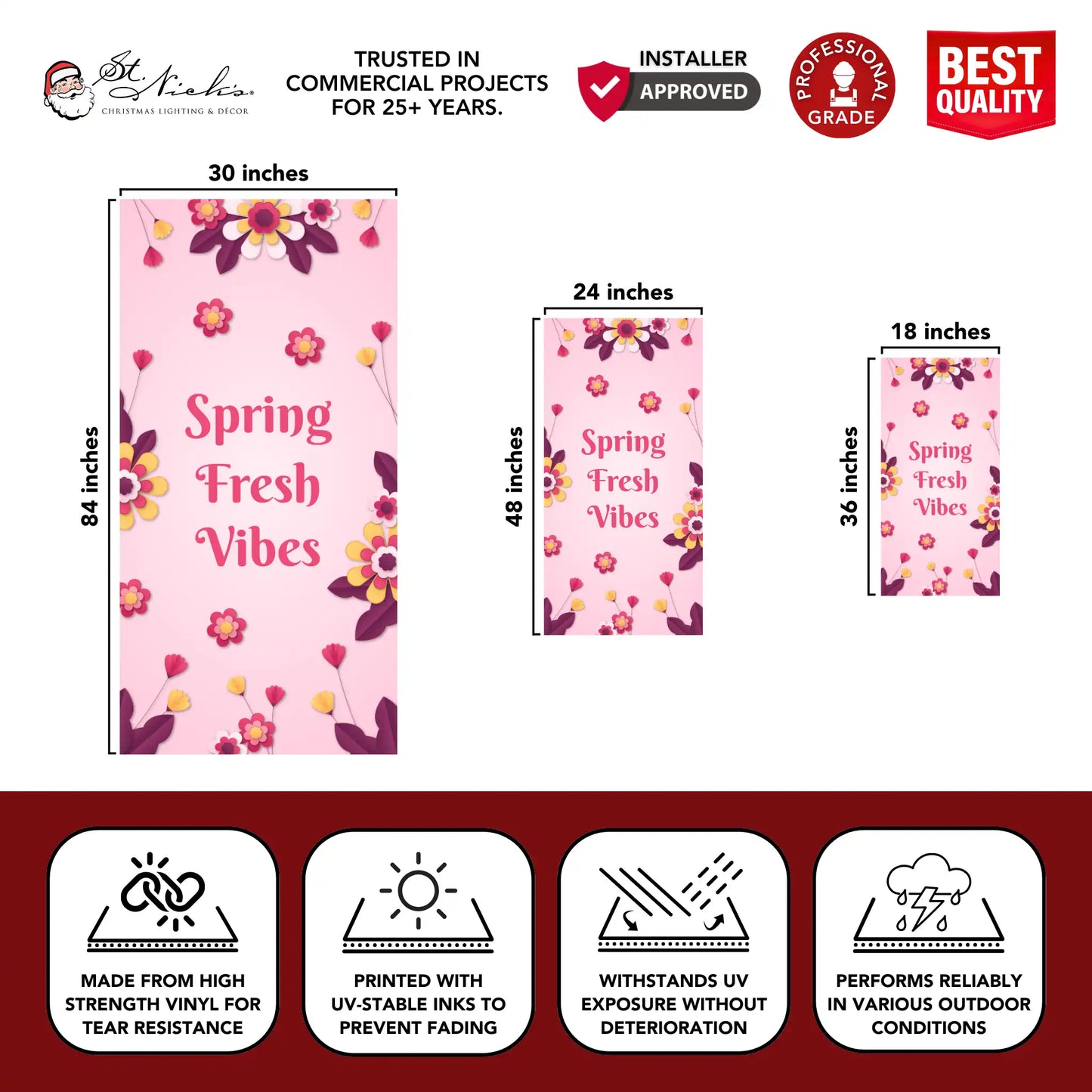 Spring Fresh Vibes spring pole banner with size dimensions and durable vinyl construction